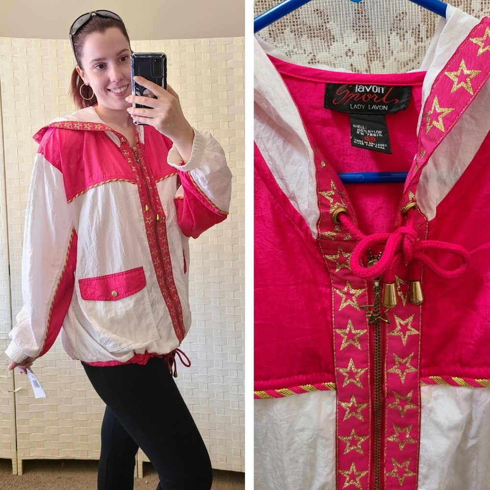 Womens Vintage Lady Lavon Sport Windbreaker Weather Jacket 80s New Pink Stars